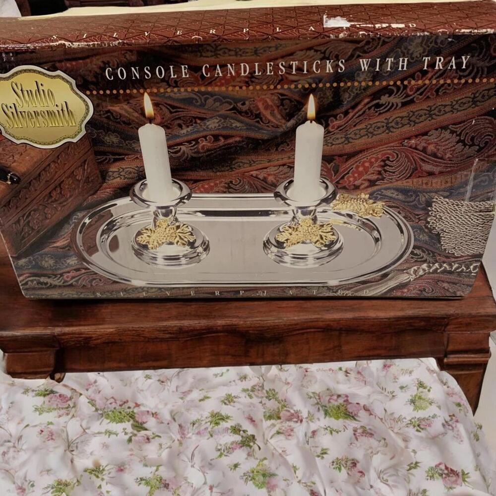 Studio Silversmiths 2pcs Grape Candle Candlesticks Oval Tray Silver Plated NIB